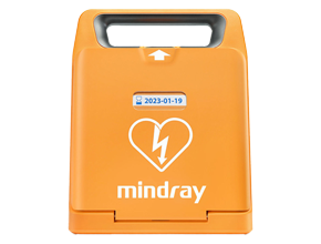 Bright orange Mindray automated external defibrillator (AED) with heart and lightning bolt symbol on the front.