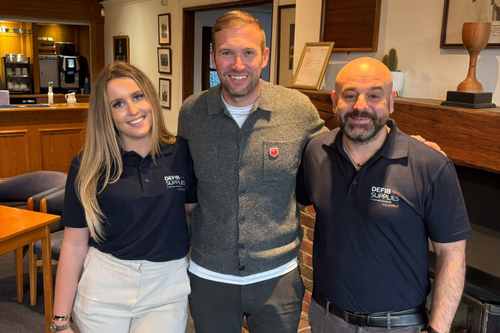 Charlie Edinburgh pictured with the Defib Supplies team during their visit to Addington to support ongoing community defibrillator awareness.